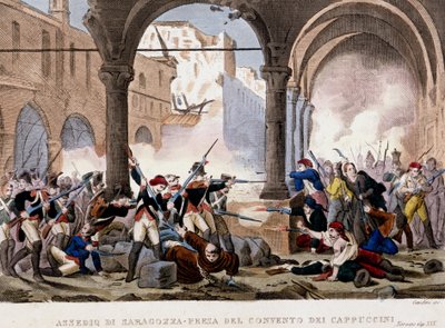 Zaragozan (Zaragoza) ja kapusiiniluosterin piiritys 1808. Aikakauden värikaiverrus. Milano tekijältä Unknown artist