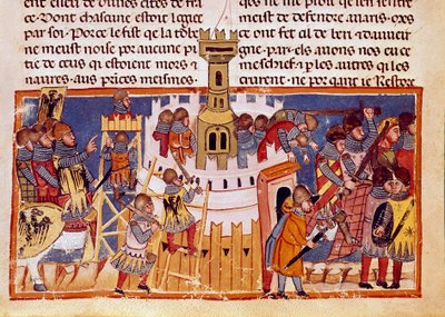 Linnoitetun kaupungin piiritys Pienoiskuva "The Facts of the Romans" -sarjasta, joka kertoo kahdentoista Cesarin elämästä. 1200-luvun Venetsia, biblioteca Marciana tekijältä Unknown artist