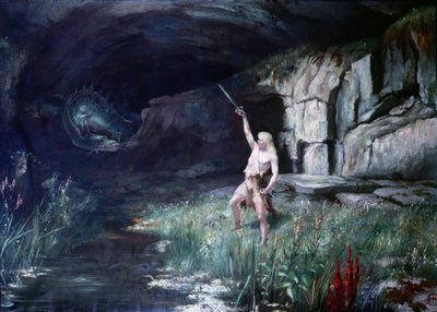 Siegfried kasvot lohikäärme Fafneria heilutti miekkansa. Richard Wagnerin (1813 - 1883) oopperan "" Nibelungien sormus" -lava. Maalaus. tekijältä Unknown artist