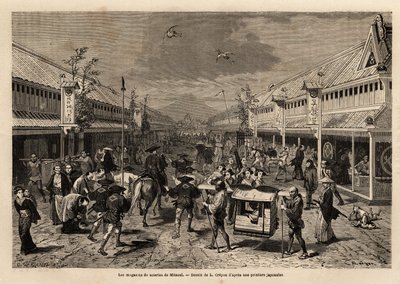 Silkkikaupat Mitsouissa, Yedossa (tai Edossa, nykyisessä Tokiossa), vilkkaita ja taustalla Fuji-vuoren siluetti. Kaiverrus havainnollistamaan matkaa Japaniin vuosina 1863-1864, Sveitsin valaliiton ministeri Aime Humbert kirjassa "Le tour du monde, nou tekijältä Unknown artist