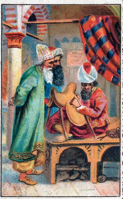 Sindbad tekee satulan. Merimies Sinbad (Sindbad) upeat seikkailut. Suosittu tarina 1001 yöstä (tuhat ja yksi yö). 1800-luvun lopun kromolitografia. tekijältä Unknown artist