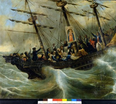 Sveitsiläisen siirtolaisaluksen uppoaminen. Ex voto vuodelta 1856 Madonna del Sasson pyhäköstä Locarnosta. Giovanni Antonio Vanonin maalaus. tekijältä Unknown artist