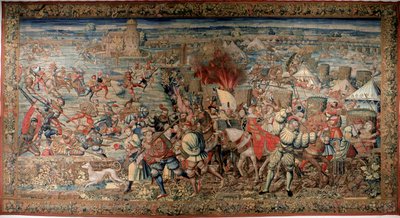 Kuudes Italian sota (1521-1526): esitys Pavian (Pavia) taistelusta 24.2.1525, jossa Francois I hävisi Charles V. Tapestryä vastaan. Napoli. Capodimonten kansallismuseo. tekijältä Unknown artist
