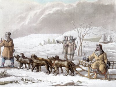 Koirien vetämä Kamtchadales-reki, Siperia. Piirustus Gallina f. Pariisin koristetaiteen kirjasto. "" Vanha ja moderni puku"" tekijältä Unknown artist