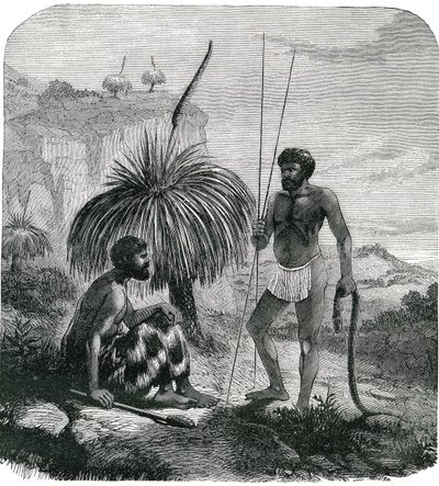 Käärmeenmetsästäjät Australiassa. Kaiverrus 1868 tekijältä Unknown artist