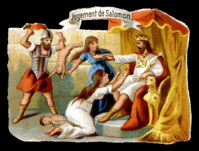 Salomon tuomio, jossa äiti uhrasi itsensä pelastaakseen lapsensa. 1800-luvun kromolitografia. tekijältä Unknown artist