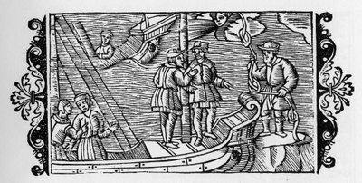 Noita myy merimiehille tuulia lukittuina köyden kolmeen solmuun - Olaus Magnuksen teoksessa "Historia de Gentibus Septentrionalibus" (Pohjolan kansojen historia), Rooma 1555 tekijältä Unknown artist