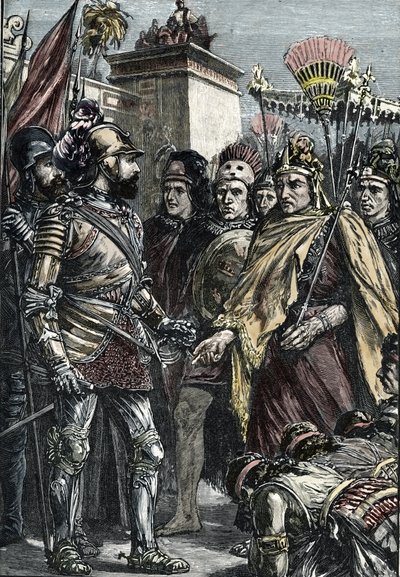 Meksikon espanjalaisten valloitus: Hernan Cortesin ja Montezuma II:n tapaaminen vuonna 1519. tekijältä Unknown artist