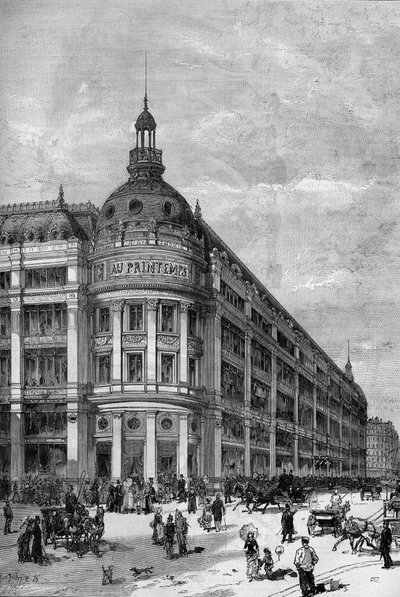 Kevättavaratalot Pariisissa vuonna 1883. Kulmapaviljonki rue de Provencen ja rue Caumartinin välillä. tekijältä Unknown artist