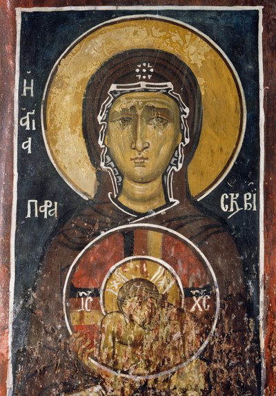 Pyhä Paraskevi, pitkäperjantain henkilöitymä, pitelee korkeimman nöyryyden Kristuksen ikonia, fresko (1332-1333), bysanttilainen Asinoun Neitsyt Marian kirkko (1100-luku) (Unescon maailmanperintöluettelo, 2001) Troodos-vuoret, Kypros tekijältä Unknown artist