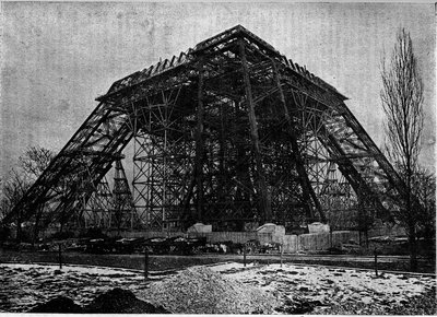Eiffel-tornin rakennustilanne Pariisissa maaliskuun alussa 1888, Kaiverrus lehdessä ”” la jeunesse”” tekijältä Unknown artist