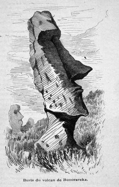 Patsas sijoitettu Ronorarakan tulivuoren rinteeseen Pääsiäissaarella (Rapa Nui). tekijältä Unknown artist