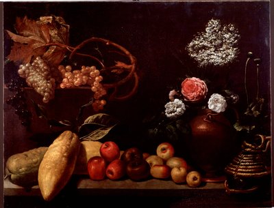 Asetelma ruusuilla, pensaskukilla, sitruunoilla ja viinirypäleillä (maalaus tekijältä Unknown artist