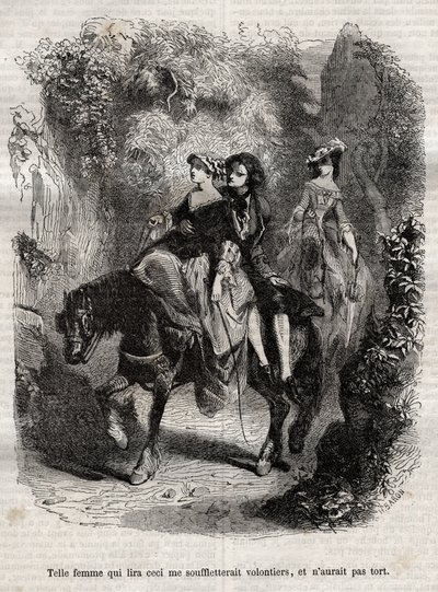 Tällainen nainen, joka lukee tämän, lyö minut mielellään, eikä olisi väärässä. - Kuvitus Jean-Jacques (Jean Jacques) Rousseaun (1712-1778) ""-tunnustuksille" - kaiverrus vuodelta 1849 tekijältä Unknown artist
