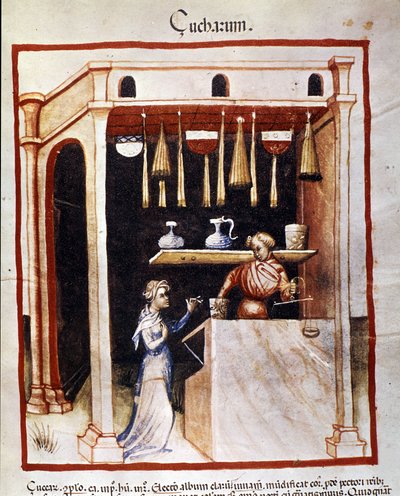 Sokerin valmistus. Valaistus lääketieteen ja dietetiikan lypsystä "" Tacuinum sanitatis"" tekijältä Unknown artist