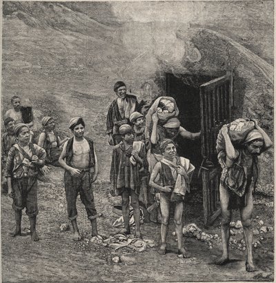 Rikin louhinta (Zolfara) Sisiliassa, piirustus tekijältä Unknown artist