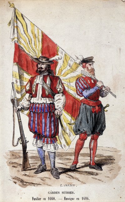 Sveitsin vartijat: Fusilier vuonna 1660 ja lippu vuonna 1616. tekijältä Unknown artist