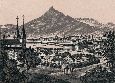 Sveitsi: näkymä Luzernin kaupunkiin (Alfalfa). kirjassa "" Maailma havainnollistaa 168 näkymää"" Päiväämätön (1800-luvun loppu) tekijältä Unknown artist