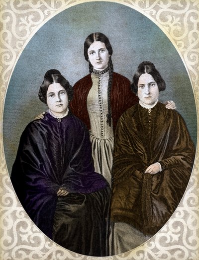 THE FOX SISERS Margaretta, Kate ja Leah ovat spiritualisteja pioneereja (Fox Sisters: vasemmalta oikealle: Margaret tai Maggie (1837-1893), Kate (1828-1892) ja Leah (1814-1880), spiritualismin ja spiritualismin pioneereja tekijältä Unknown artist