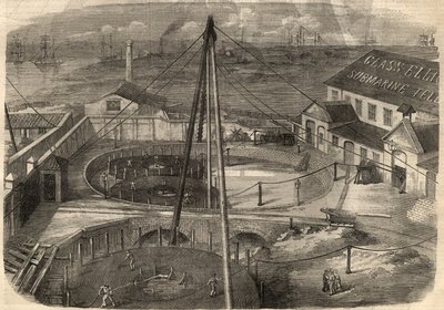Lennätys: Glassin tehtaalla Elliot and Companyssa East Greenwichissä (Englanti) valmistettu transatlanttinen kaapeli on valmis toimitettavaksi. Kaiverrus "" The Illustrated London News" -julkaisuun 14. maaliskuuta tekijältä Unknown artist