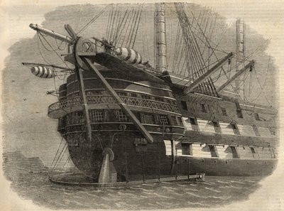 Lennätys: näkymä aluksen perästä H.M.S. "Agamemnon", joka laskee ensimmäisen transatlanttisen kaapelin. Kaiverrus "" The Illustrated London News" -julkaisuun 5. kesäkuuta tekijältä Unknown artist