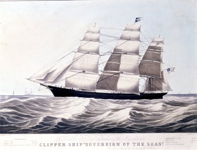 Amerikkalainen leikkuri Sovereign of the Sea noin 1852. 1800-luvun litografia tekijältä Unknown artist