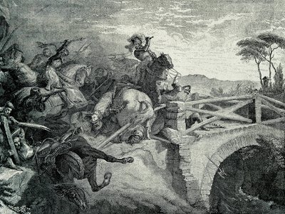 Gariglianon (Garellano) taistelu ranskalaisten ja espanjalaisten välillä kolmannen Italian sodan aikana, 29. joulukuuta 1503.: Gonzalo Fernandez De Cordoba nimeltä El Gran Capitan tekijältä Unknown artist