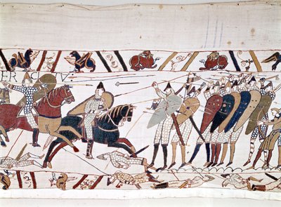 Hastingsin taistelu, jonka William I Valloittaja (1027 - 1087) voitti 14.10.1066 ja jonka aikana Englannin kuningas Harold II kuoli (1022 - 1066). Bayeux