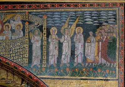 Siunattu enkelin johdolla: Yksityiskohta voittokaaresta taivaallisen Jerusalemin kanssa. Mosaiikki, 9. luvun alku. S. Prassede, Rooma, Italia - Näky taivaallisesta Jerusalemista - valitut, jotka enkeli esitti Pietarille ja Pyhälle Paavalille, etenevät port tekijältä Unknown artist
