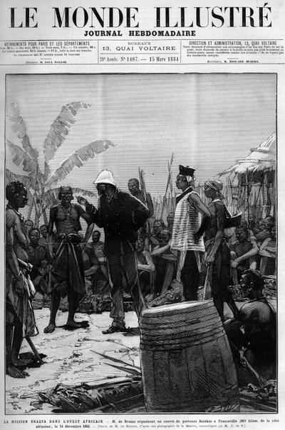 Brazzan lähetystyö Länsi-Afrikassa: Pietro Paolo Savorgnan di Brazza tai Pierre Paul Francois Camille Savorgnan de Brazza (1852-1905) järjestämässä Batekes-kuljettajien saattuetta Francevilleen (Gabon) 14. joulukuuta tekijältä Unknown artist