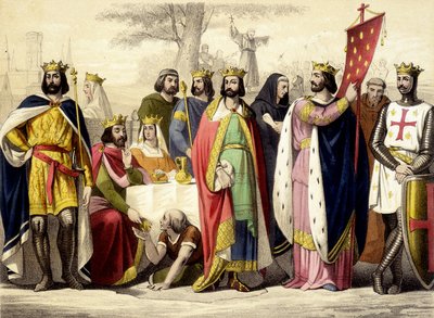Kapetsialaiset 987-1137. Hugues Capet, Robert 1er Constance, Philippe 1er, Louis VI ja Louis VII. Kaiverrus 1800-luvulta. tekijältä Unknown artist