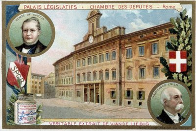 Edustajakamari Roomassa (Italia), jossa on muotokuvia kreivi Camillo Benso de Cavourista (1810-1861) ja Francesco Crispistä (1819-1901) - Liebig-kromolitografia tekijältä Unknown artist