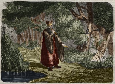 Kiinalainen Ling Mon (Ling-lun) (Lihng-lewn) löytää virityksen puhaltamalla bambun varteen. 27. vuosisadalla eaa. Kaiverrus vuodelta 1859 "" Le Musee Des Sciences -kirjassa" tekijältä Unknown artist