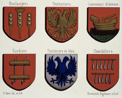 Gentin vaakunat (esimerkki keskiajan vaakunoista): leipurit, värjääjät, veneenrakentajat, nauhat, sinivärjätjät, kattokruunut tekijältä Unknown artist