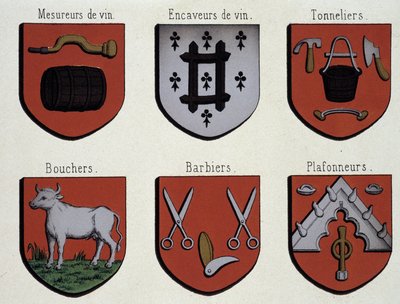 Gentin vaakunat (esimerkki keskiajan vaakunoista): Viininmittaajat, viiniluolaajat, Cooperers, teurastajat, parturit, kattotiilit tekijältä Unknown artist
