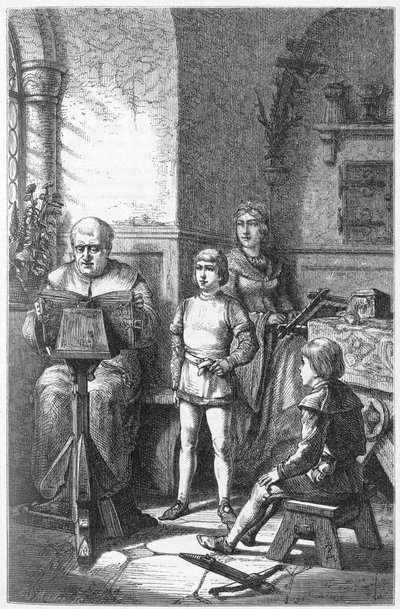 Constance Eveque lukee Saksan historiaa Conradissa, joka tunnetaan nimellä Conradin de Hohenstaufen (1252-1268) ja Frederic I Baden-Badenista ((Friedrich I von Baden-Baden). tekijältä Unknown artist
