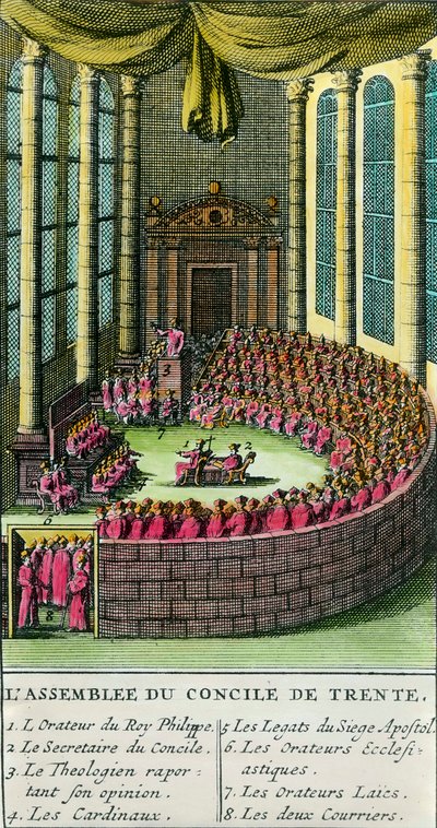 Trenton kirkolliskokous. Kuva, jossa kuvaukset kokouksessa läsnä olevista jäsenistä. Trenton kirkolliskokouksen kutsui koolle paavi Paavali III (Roomalaisen katolisen kirkon edustaja) vuonna 1545 vastauksena Martti Lutherin pyyntöön. tekijältä Unknown artist