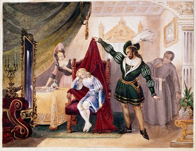 Kreivi eteni Suzannelle, kun Cherubin oli piilossa tuolilla Mozartin Figaron häistä (kaiverrus) tekijältä Unknown artist