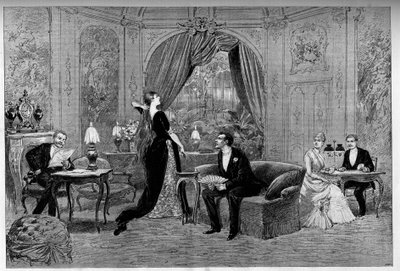 Riverollesin kreivi, Francine, Stanislas de Grandredon, Therese Smith ja Henri de Simeux, Alexandre Dumasin (1824-1895) komedian Francillon näytelmän hahmot Comedie-Francaisessa (1887) Pariisissa. Kaiverrus "" Le monde illustriou tekijältä Unknown artist