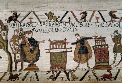 Normandian herttua Guillaume Valloittaja (1027-1087) teki ritari Haroldin, joka vannoi uskollisuudenvalan kahdelle pyhäinjäännökselle. Yksityiskohta Bayeux