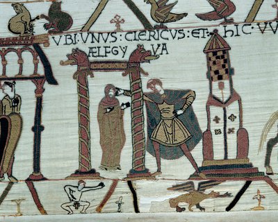 Normandian herttua William Valloittaja (1027-1087) lupaa tyttärensä Aelfgyven Haroldille naimisiin Vasemmalla alhaalla, alaston miehen kuva. Yksityiskohta Bayeux