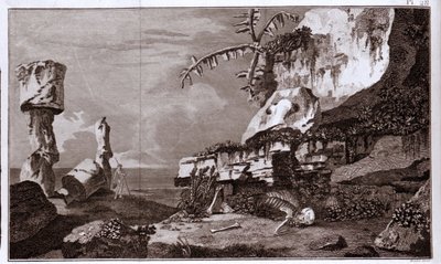 Pääsiäissaari (Rapa Nui) Polynesiassa "Viaggi del Capitano Cookin" jälkeen, kaiverrus 1800-luvulta. tekijältä Unknown artist