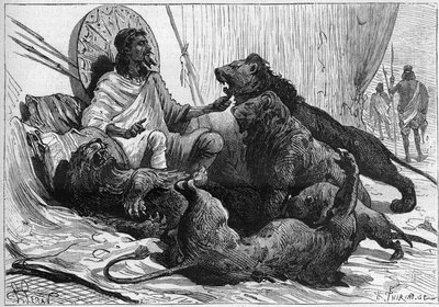 Abessinian keisari (ras) Theodoros ympäröi leijonansa. Vuoden 1888 "Naturessa". tekijältä Unknown artist