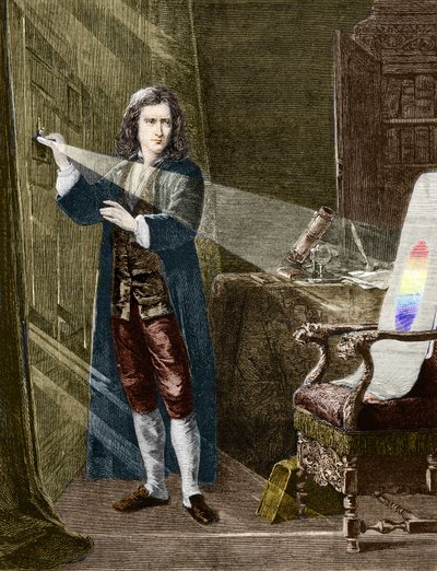 Englantilainen fyysikko Isaac Newton (1642-1727) hajottaa valoa lasiprismalla. Kaiverrus vuodelta 1880. tekijältä Unknown artist
