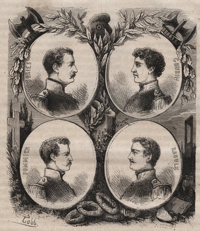 Neljä Sergenttiä (Jean Francois Bories (1795-1822), Jean Joseph Pommier (1796-1822), Marius Claude Raoulx (1797-1822)) ja Charles Goubin (1798-1822) La Rochellesta, joita syytettiin entisöinnin aikana halusta kukistaa monarkia ja giljotiinit vuonna 1822 tekijältä Unknown artist