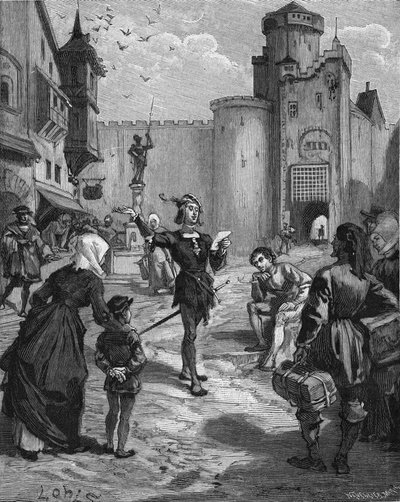 Saksalainen ritari, runoilija ja humanisti Ulrich von Hutten (1488-1523) julistaa kadulla yhtä runoistaan. Kaiverrus 1800-luvulta. Jules Micheletin teoksessa "Histoire de France". tekijältä Unknown artist