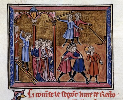 Kreikkalainen taiteilija Zeuxis (5. vuosisata eKr.) veistää Junon patsaan leikkivien ja kamppailevien nuorten miesten edessä Miniatyyri Marcus Tullius Ciceronin (106-43 eKr.) käsikirjoituksesta "Retoriikka", jonka on kääntänyt Johannes Antiokialainen. tekijältä Unknown artist