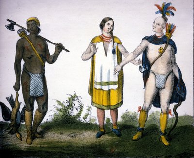 Kanadan intiaanit: metsästäjä (akadialainen), nainen ja soturi. litografia "Maailman kaikkien kansojen universaalista galleriasta", Milano tekijältä Unknown artist