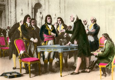 Italialainen fyysikko Alessandro (Alexandre) Volta (1745-1827) esittelee pinonsa Napoleon Bonapartelle. 1801 Yksityinen kokoelma tekijältä Unknown artist