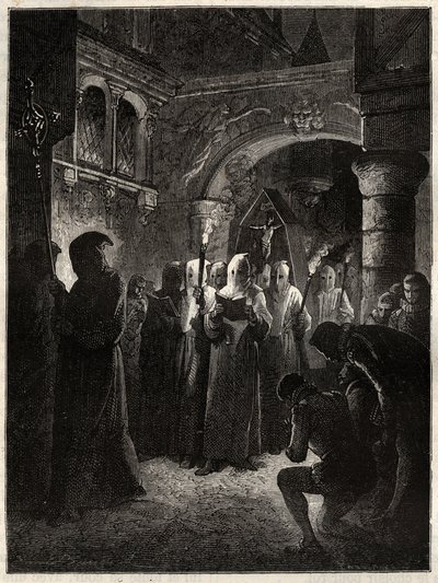 Ranskan kuningas Henrik III (1551-1589) valkoisessa katuvassa puvussa”” Kuninkaan perustama Confrerie-kulkue 23.3.1585 (Ranskan kuningas Henrik III valkoisessa katuvassa kulkueessa) tekijältä Unknown artist